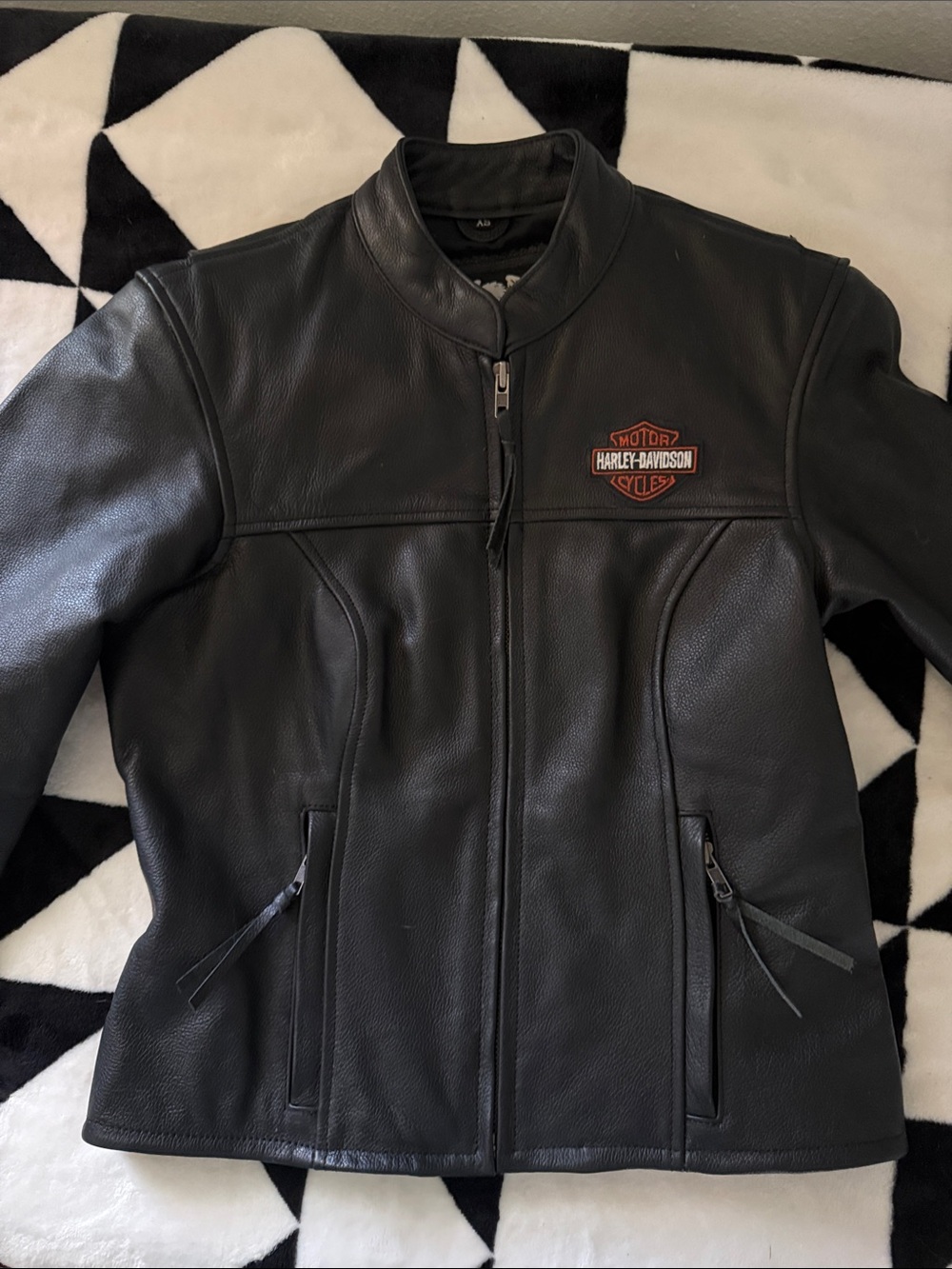 Harley-Davidson Black Leather Bomber Jacket with Orange Logo